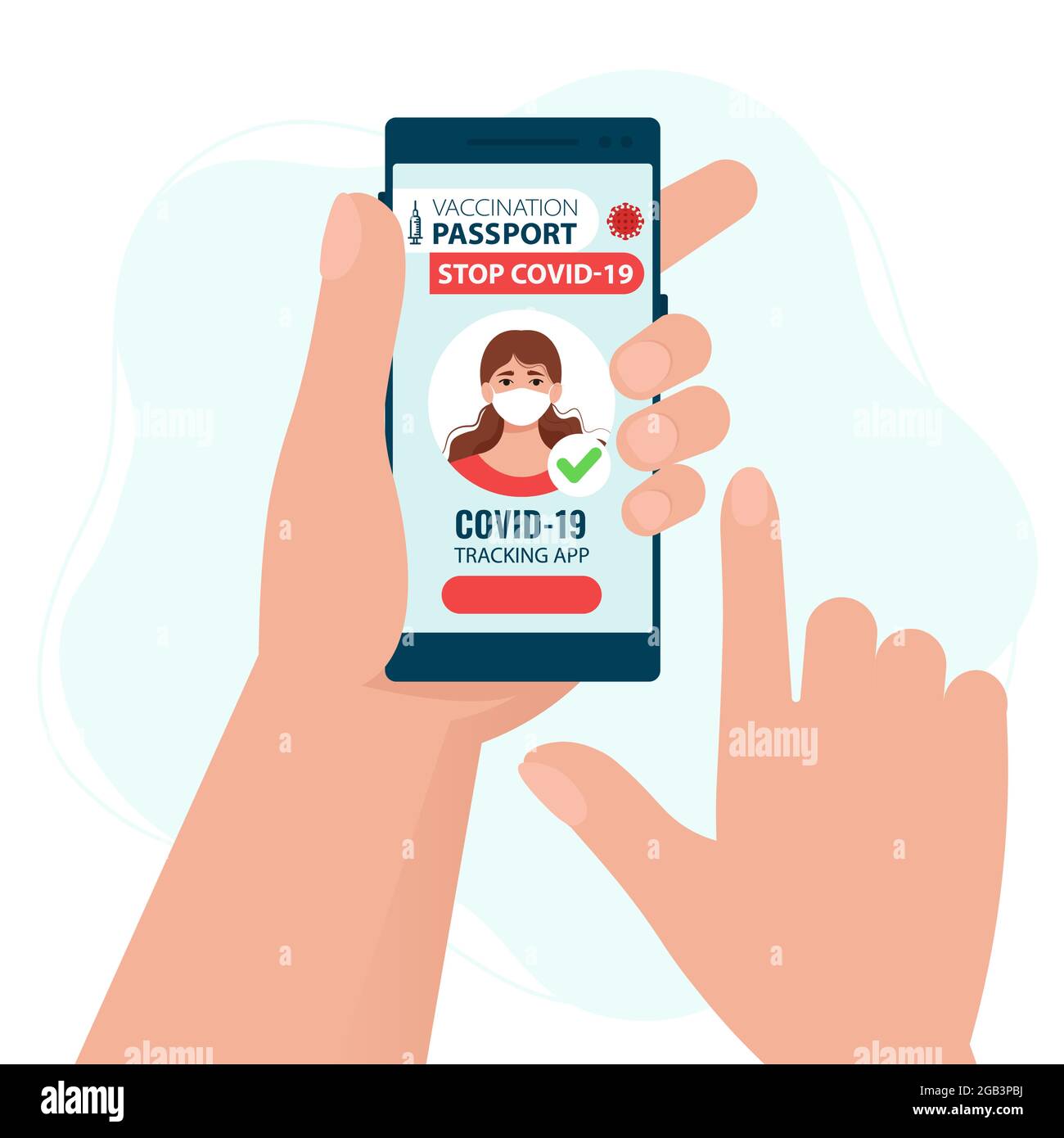 Application de suivi Covid-19. Écran de smartphone avec des informations sur le vaccin à partir du coronavirus. Concept de sécurité de voyage. Illustration de Vecteur