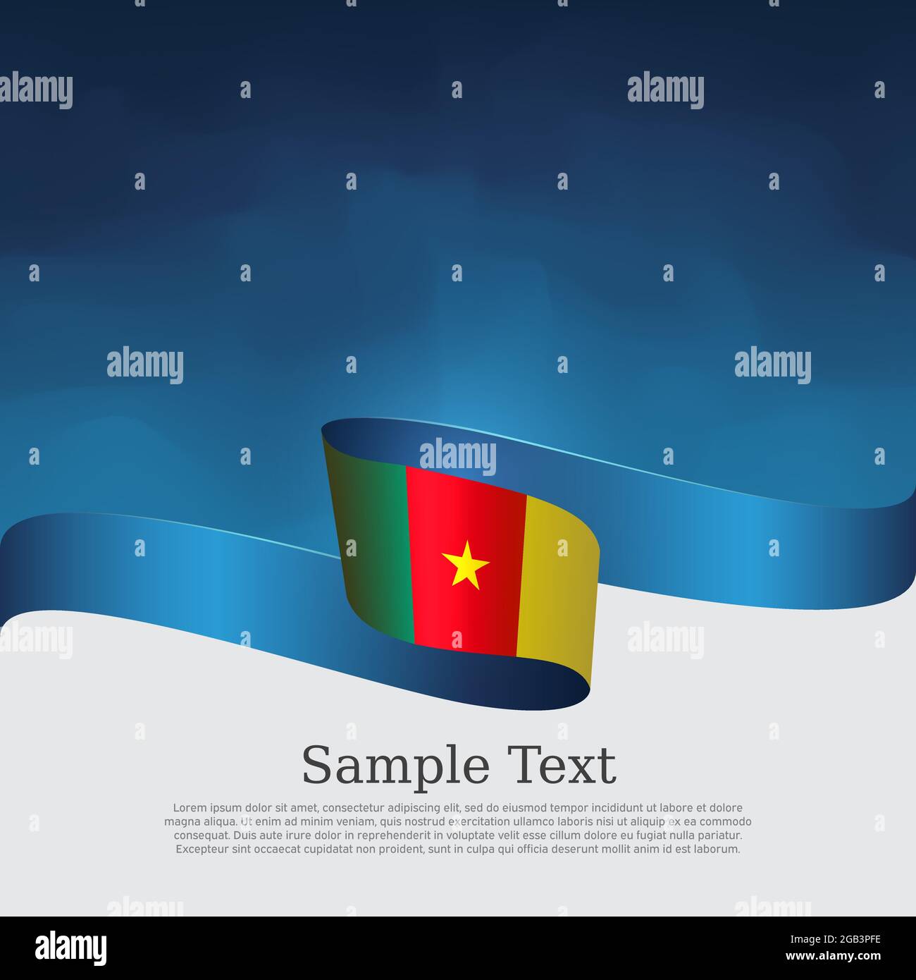 Drapeau du Cameroun. Drapeau du Cameroun ruban ondulé sur fond bleu blanc. Affiche patriotique nationale. Conception de brochure tricolore vectorielle. Bannière d'état Illustration de Vecteur
