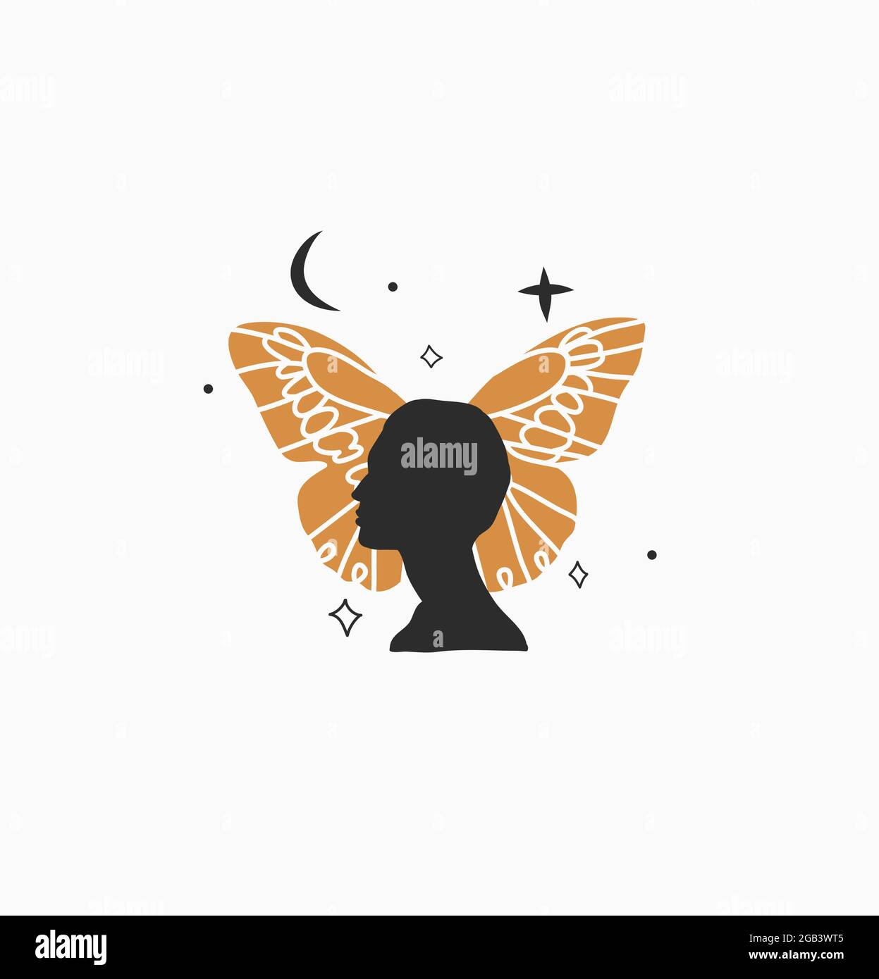 Dessin à la main vecteur résumé stock plat illustration graphique avec élément de logo, bohème art magique de papillon, croissant et silhouette de femme, simple Illustration de Vecteur