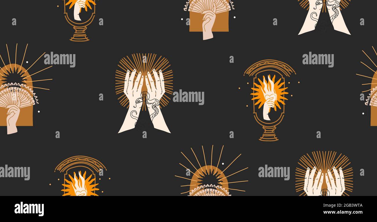 Dessin à la main vecteur résumé stock plat illustration graphique avec élément de logo, bohème magie ligne art sans couture motif de femme main, or soleil, étoile et Illustration de Vecteur