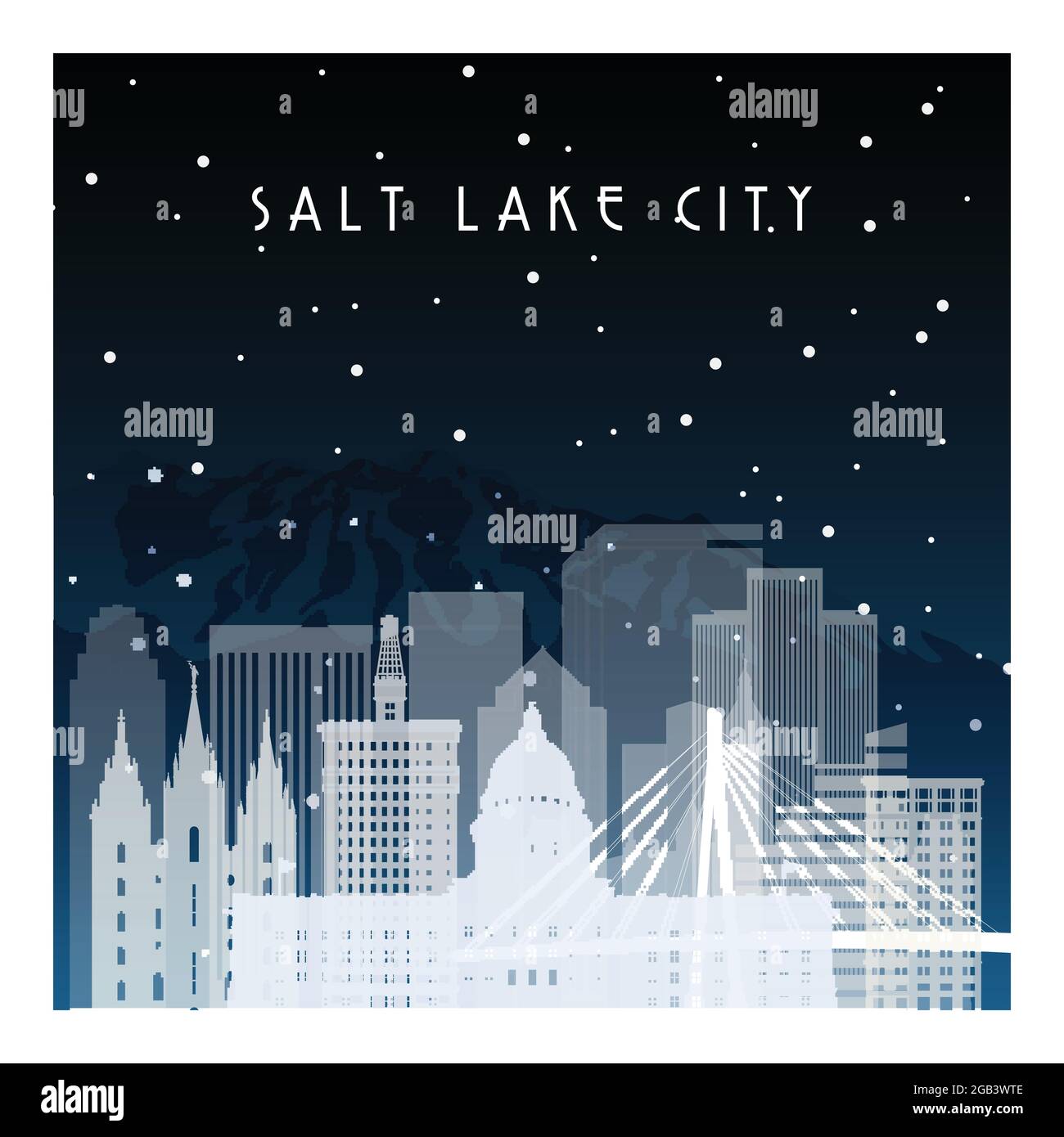 Nuit d'hiver dans la ville de Salt Lake. Ville nocturne de style plat pour bannière, affiche, illustration, arrière-plan. Illustration de Vecteur