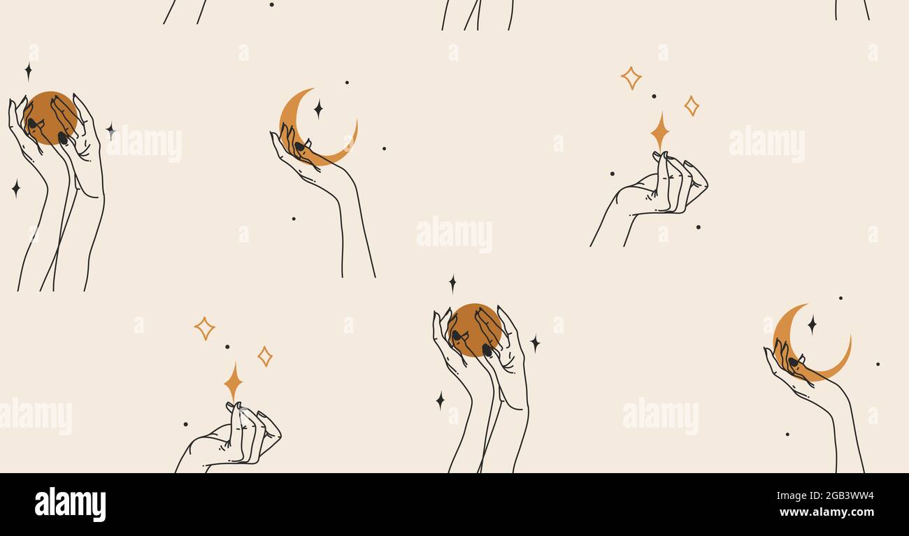 Dessin à la main vecteur résumé stock plat graphique illustration avec élément de logo, bohème magie ligne art sans couture motif de femme main, croissant, étoile et Illustration de Vecteur