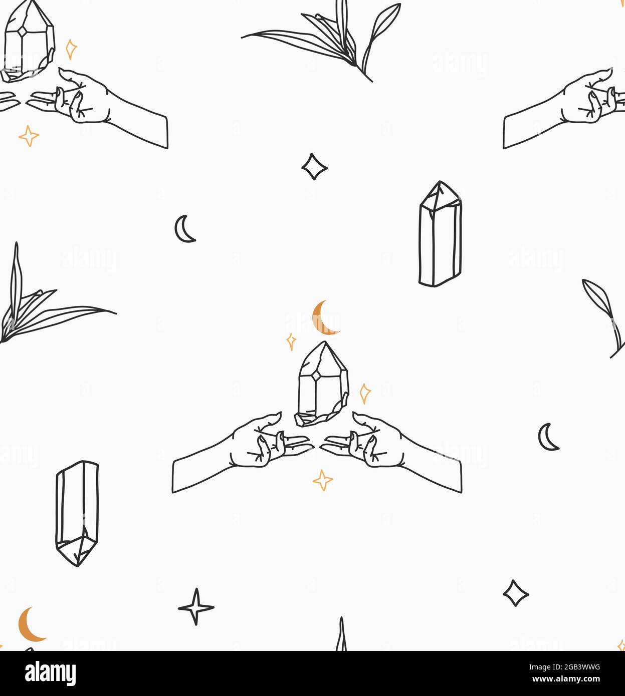 Dessin à la main vecteur résumé stock plat graphique illustration motif sans couture avec bohème ligne magique art de pierre de cristal, mains humaines et étoile dans Illustration de Vecteur