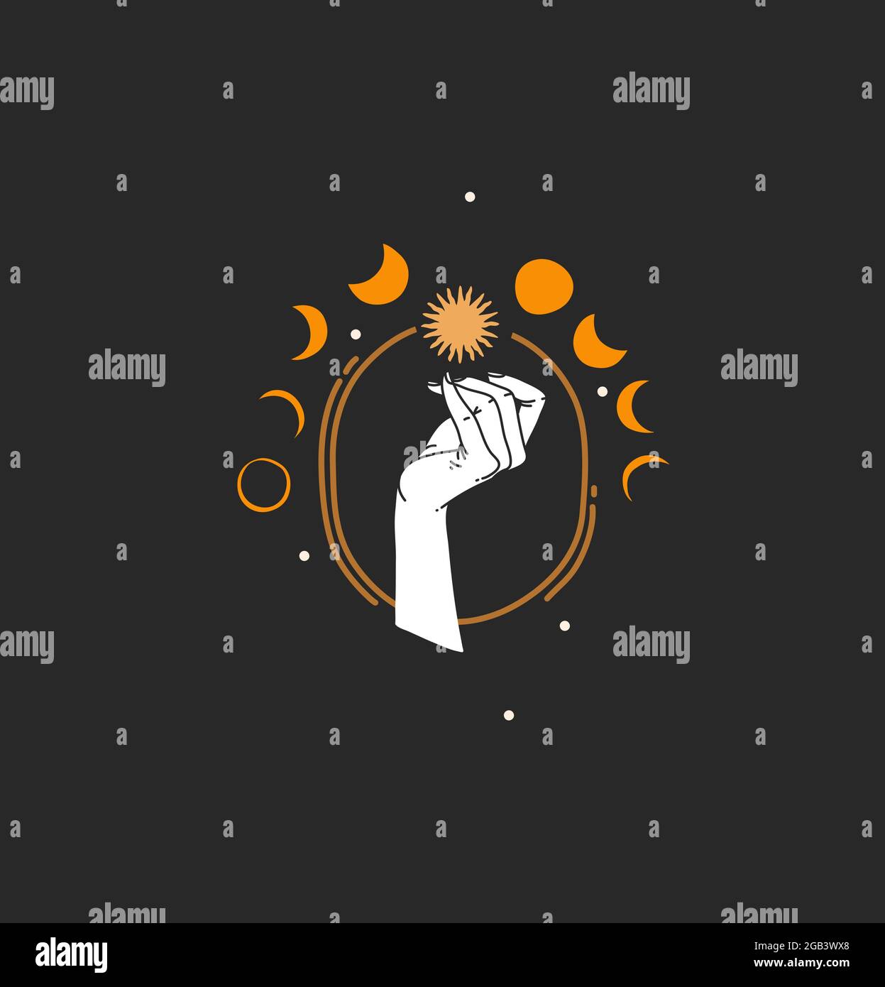 Dessin à la main vecteur résumé stock plat illustration graphique avec logo de marque, bohème ligne magique art du soleil, étoile, phases de lune et main humaine Illustration de Vecteur
