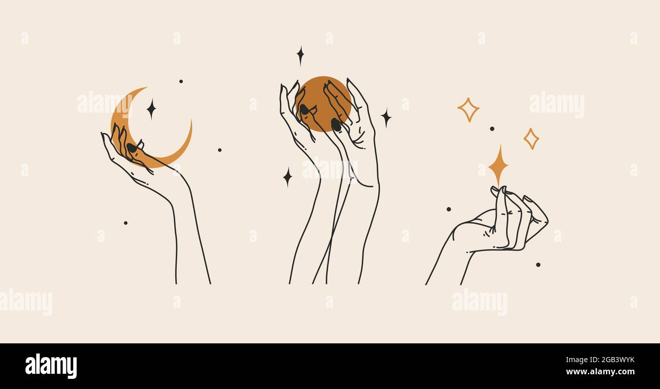 Dessin à la main vecteur résumé stock plat illustration graphique avec élément de logo, bohème ligne magique art de la main de femme, croissant, étoile et lune phase in Illustration de Vecteur