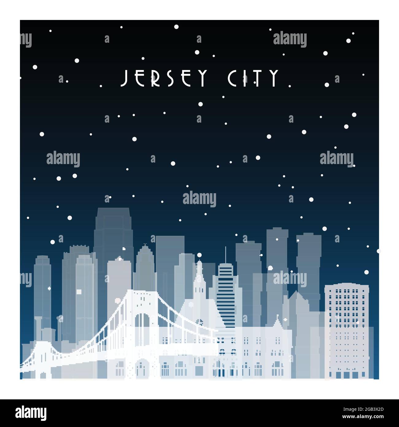 Nuit d'hiver à Jersey City. Ville nocturne de style plat pour bannière, affiche, illustration, arrière-plan. Illustration de Vecteur