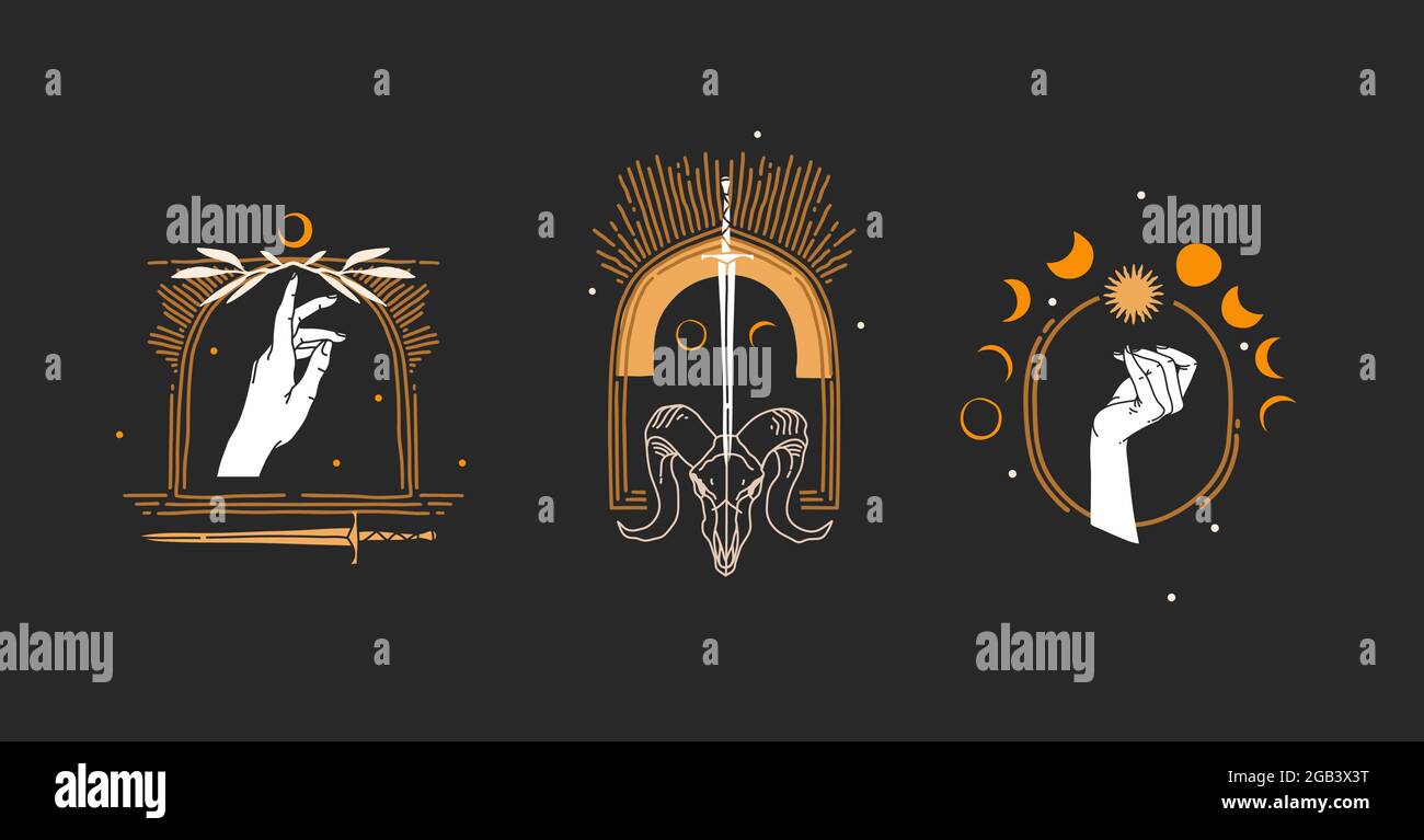 Dessin à la main vecteur résumé stock plat illustration graphique avec élément de logo, bohème ligne magique art de soleil d'or, femme main et phases de lune en simple Illustration de Vecteur