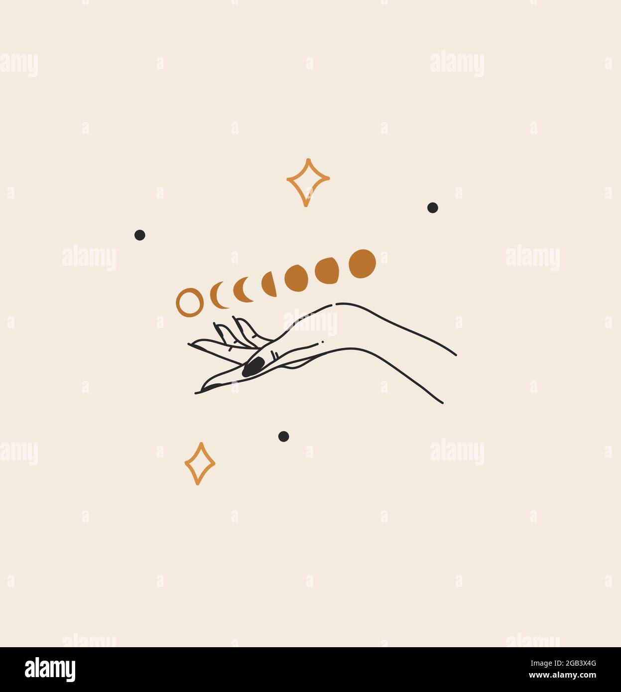 Dessin à la main vecteur résumé stock plat graphique illustration avec logo de marque, bohème céleste ligne magique art de la main de femme, croissant, étoiles et lune Illustration de Vecteur