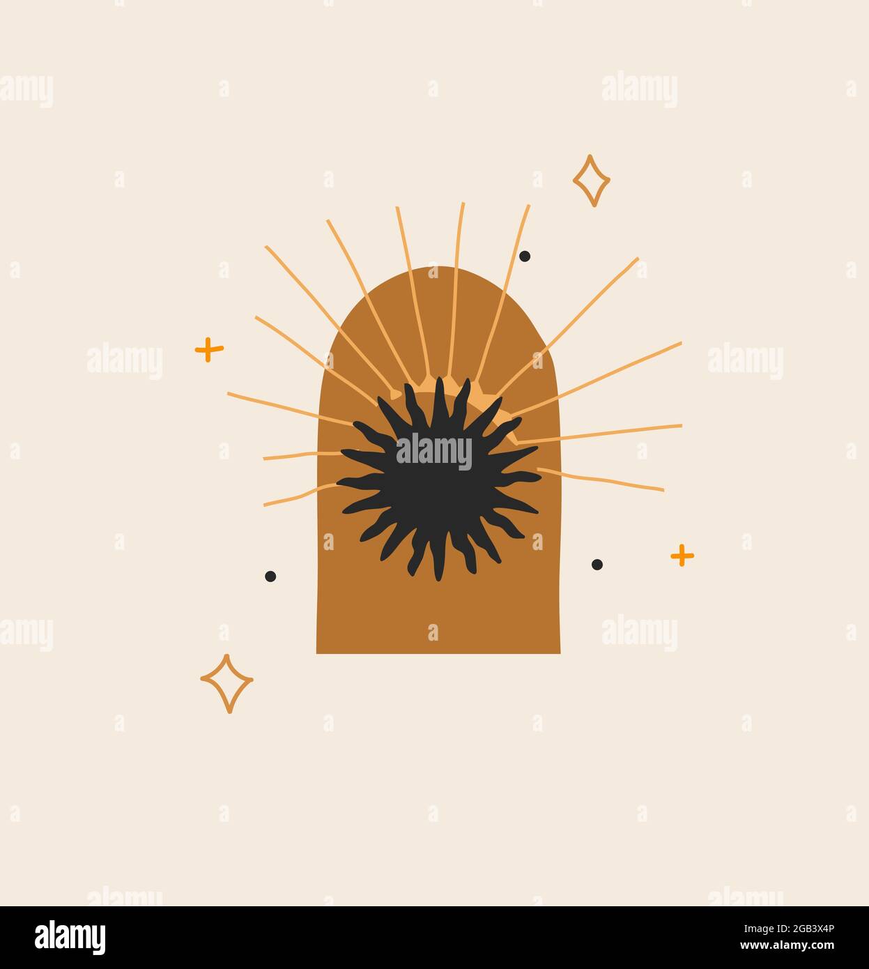 Dessin à la main vecteur résumé stock plat illustration graphique avec élément de logo, bohème ligne magique art de silhouette de soleil, étoiles et rayons de soleil en simple Illustration de Vecteur
