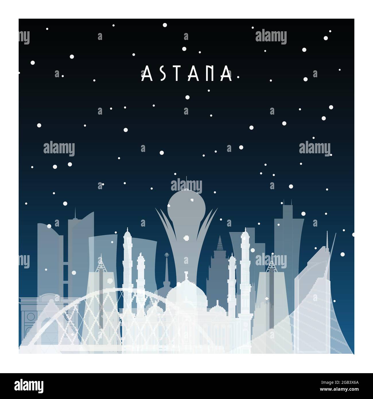 Nuit d'hiver à Astana. Ville nocturne de style plat pour bannière, affiche, illustration, arrière-plan. Illustration de Vecteur