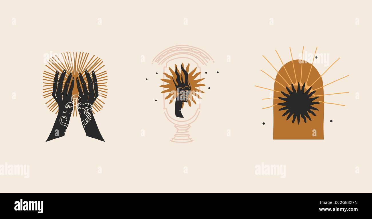 Dessin à la main vecteur résumé stock plat illustration graphique avec élément de logo, bohème magie art de soleil d'or, femme main silhouettes et étoiles en simple Illustration de Vecteur