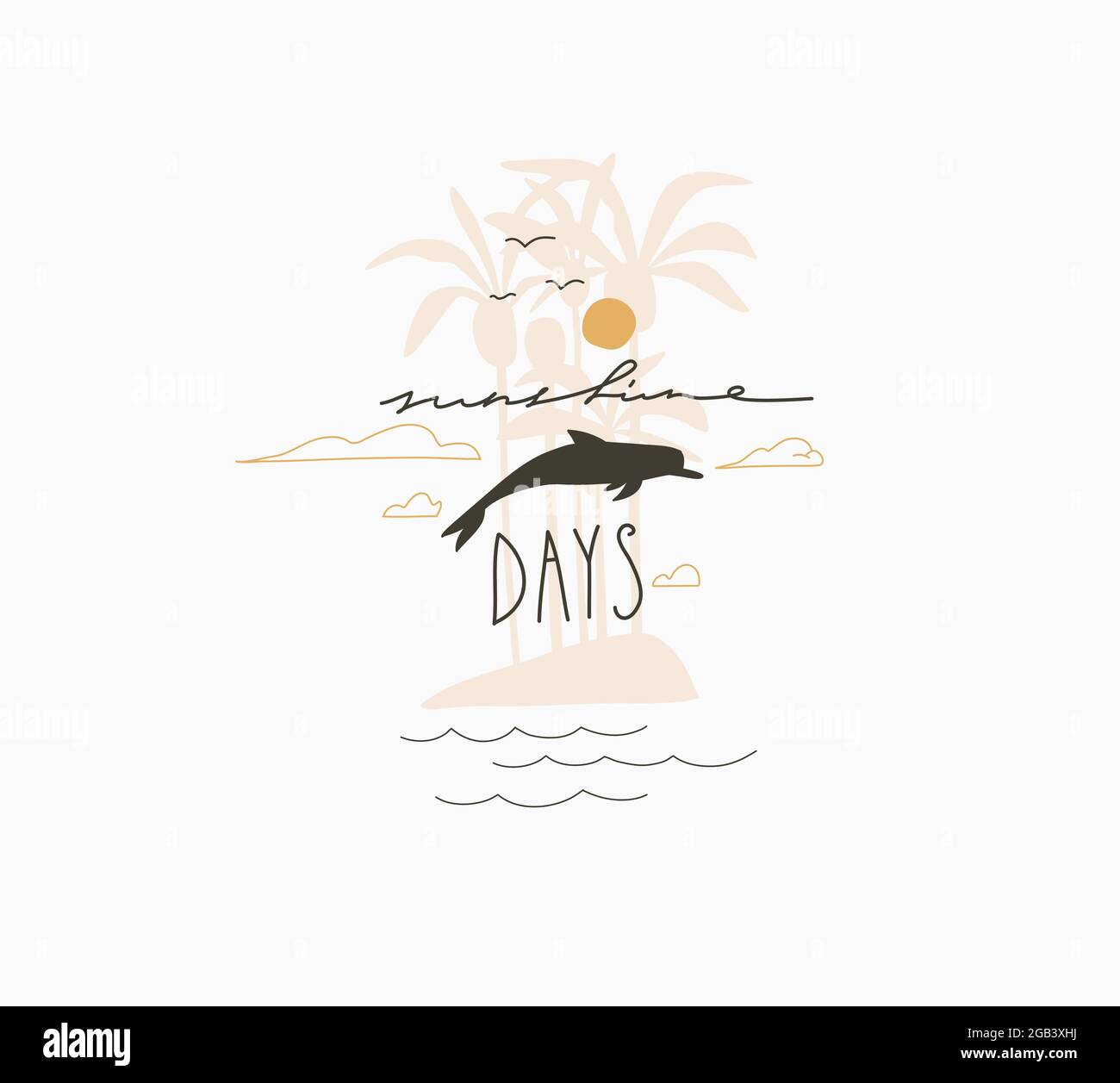 Dessin à la main vecteur résumé stock graphique été bande dessinée, minimalistes illustrations logo, avec belle silhouette de palmier tropical avec Illustration de Vecteur