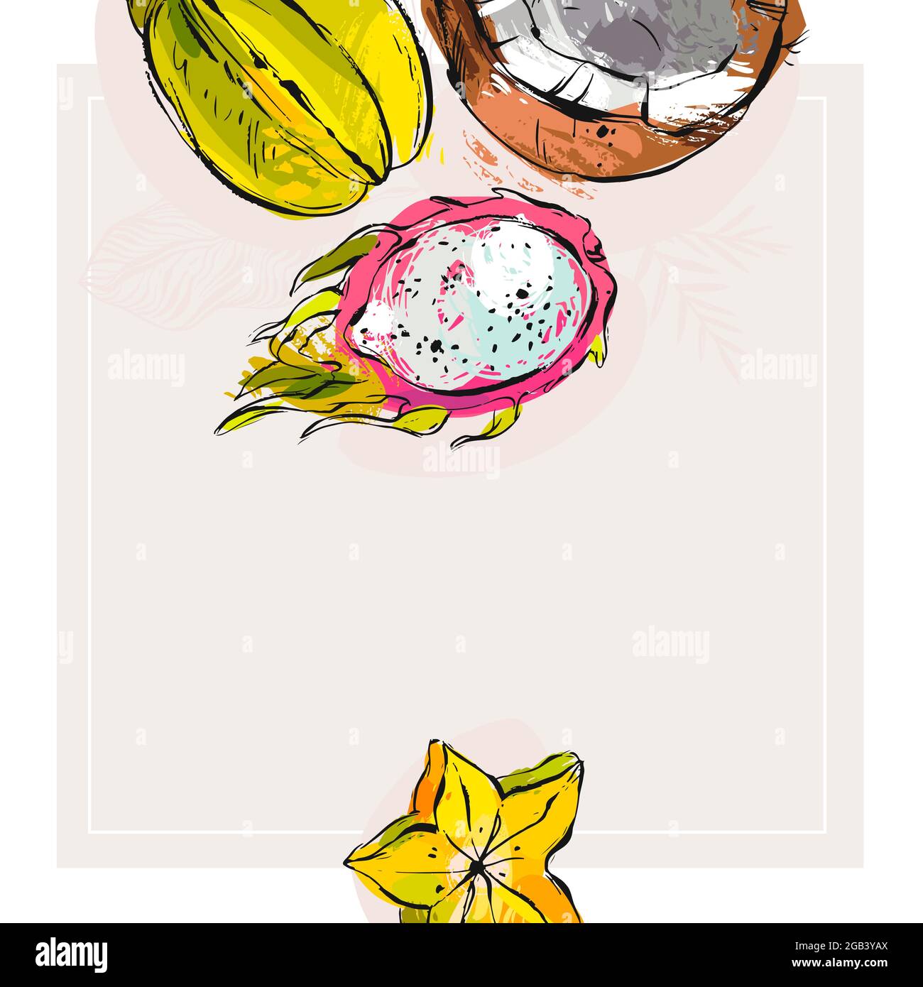 Illustration graphique à plat de stock abstrait vectoriel dessinée à la main avec carte de visite ou modèle de bordure avec noix de coco tropicale exotique, carambola et Illustration de Vecteur