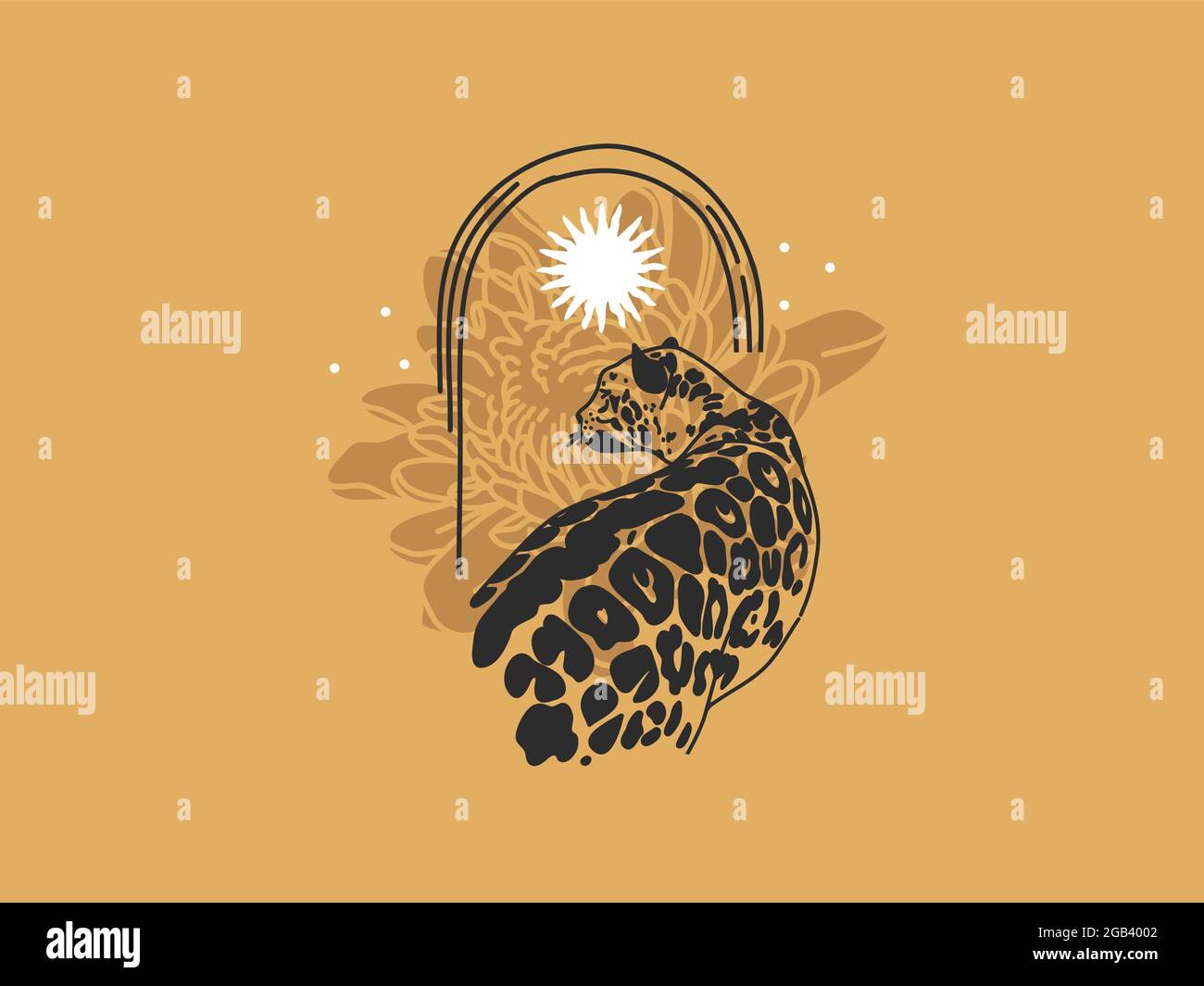 Dessin à la main vecteur résumé stock plat graphique illustration avec les éléments de logo leopard et soleil, papillon, magie chrysanthème dans l'arche, l'art en simple Illustration de Vecteur