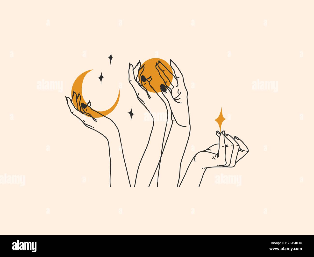 Dessin à la main vecteur résumé stock plat illustration graphique avec éléments de logo, femme mode magie ligne art mains toucher lune et étoiles dans le style simple Illustration de Vecteur