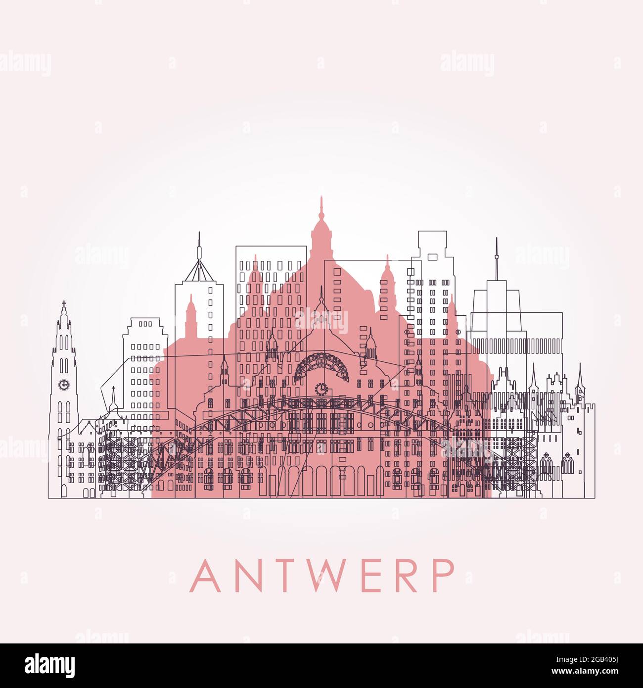 Décrivez les gratte-ciel d'Anvers avec des points de repère. Illustration vectorielle. Concept de voyage d'affaires et de tourisme avec bâtiments historiques. Image pour présentation, bann Illustration de Vecteur