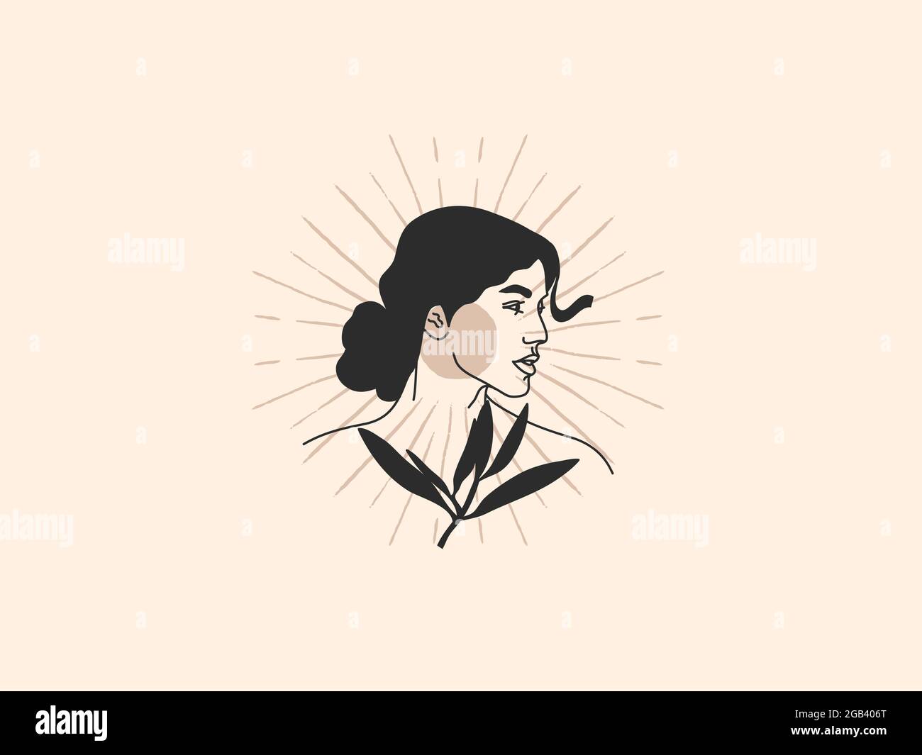 Dessin à la main vecteur résumé stock plat illustration graphique avec des éléments de logo, beauté femme visage, feuilles et soleil, la ligne magique art de lune dans le style simple Illustration de Vecteur