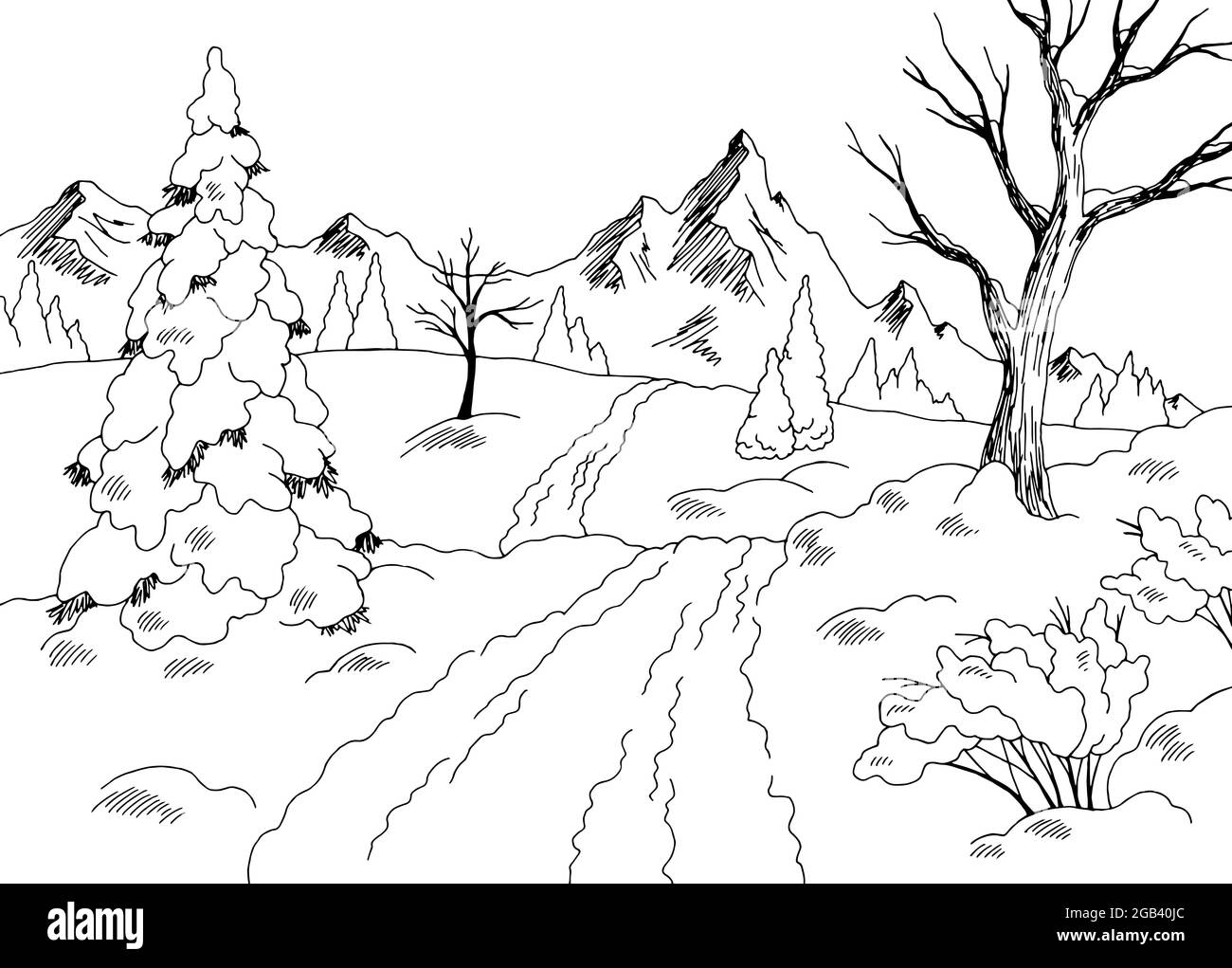 Route d'hiver graphique noir blanc esquisse paysage illustration vecteur Illustration de Vecteur