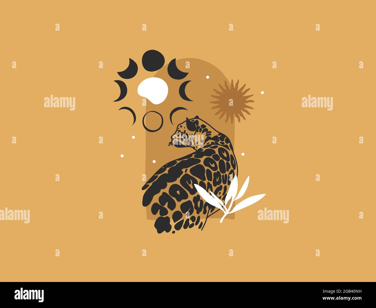 Dessin à la main vecteur résumé stock plat illustration graphique avec les éléments de logo léopard et la phase de lune, soleil, art magique dans un style simple pour la marque Illustration de Vecteur
