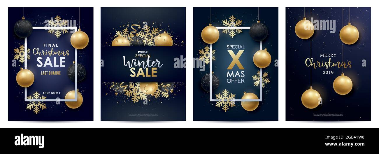 Ensemble de flyers en solde d'hiver. Décoration de Noël réaliste en or et noir. Illustration vectorielle. Illustration de Vecteur