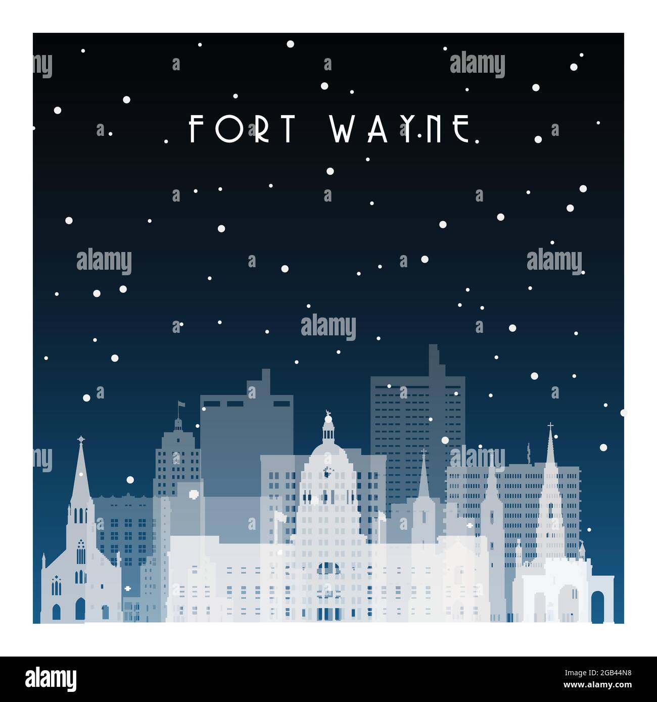 Nuit d'hiver à fort Wayne. Ville nocturne de style plat pour bannière, affiche, illustration, arrière-plan. Illustration de Vecteur