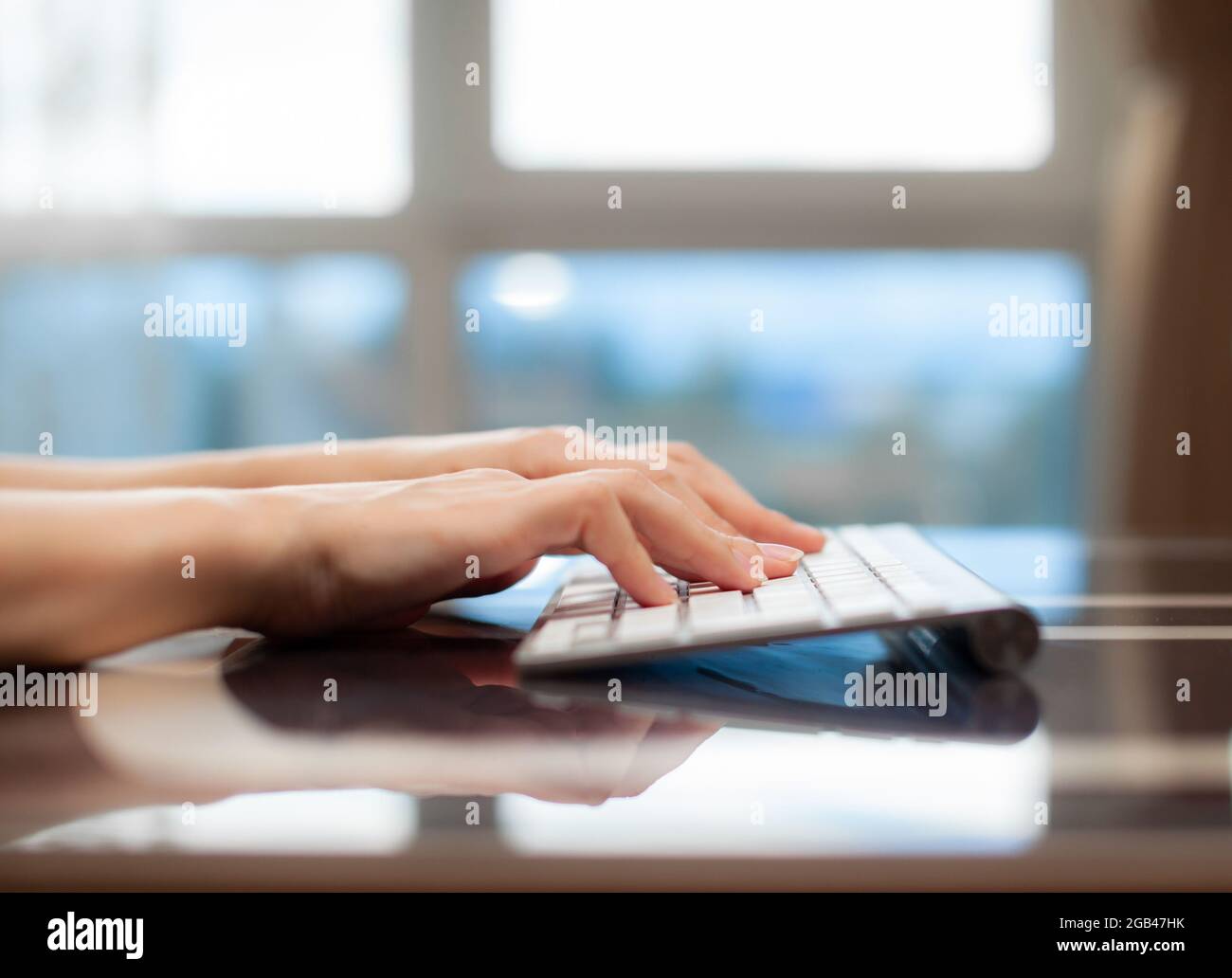 Les femmes tapissent du texte sur le clavier tout en échangeant des messages avec des amis via des réseaux sociaux à l'aide d'un ordinateur portable. Une employée de bureau ch Banque D'Images