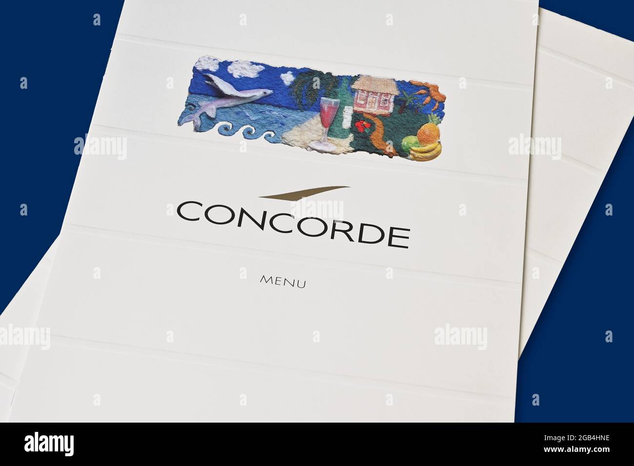 Carte menu Original British Airways Concorde à bord. Repas et boissons sur le vol supersonique Barbade dans les Caraïbes à Londres Heathrow en 1994. Banque D'Images