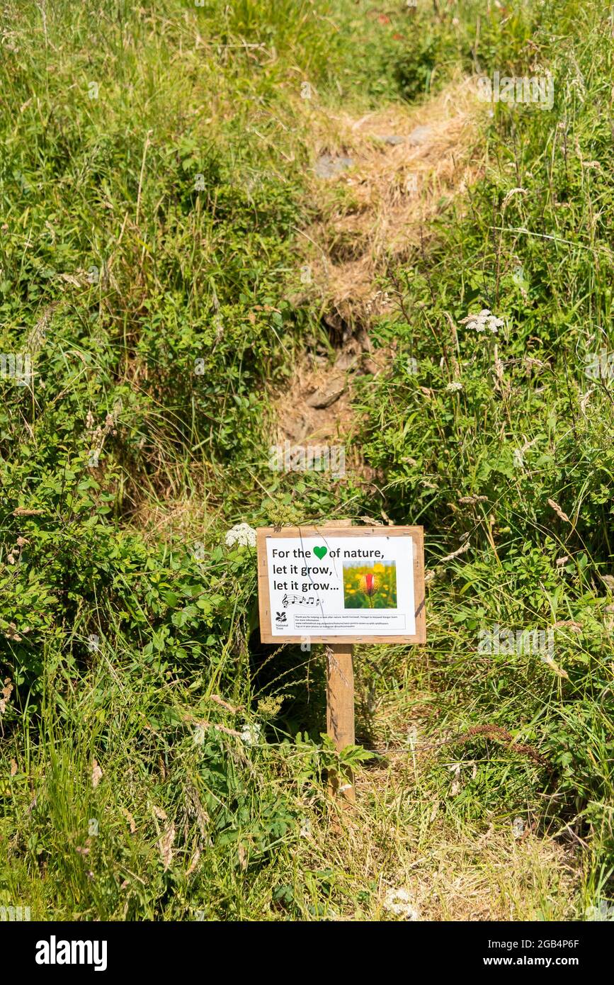 Un petit panneau demandant aux gens de faire attention à l'endroit où ils marchent dans les champs de ferme. Banque D'Images