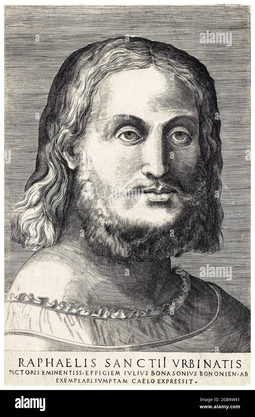 Raphaël (Raffaello Sanzio da Urbino), (1483-1520), Renaissance italienne, peintre et architecte, portrait gravé par Giulio Bonasone, avant 1574 Banque D'Images