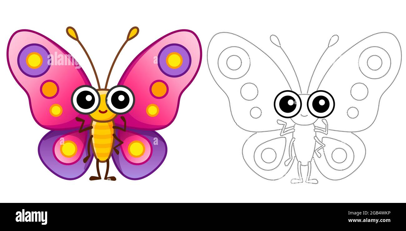 Page de coloriage drôle papillon sourire insecte. Livre de coloriage éducatif de traçage pour l'activité des enfants Illustration de Vecteur