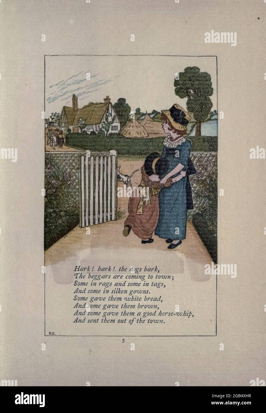 Hark ! Hark !. Les chiens aboyent, / les mendiants viennent en ville / certains dans des chiffons et d'autres dans des tags. / et certains dans les robes silken. / certains leur ont donné du pain blanc, / et d'autres leur ont donné brun, / et d'autres leur ont donné un bon fouet de cheval, et les ont envoyés hors de la ville // du livre mère Goose : Ou, les vieilles comptines de Kate Greenaway, gravées et imprimées par Edmund Evans publié en 1881 par George Routledge et fils London nad New York Banque D'Images
