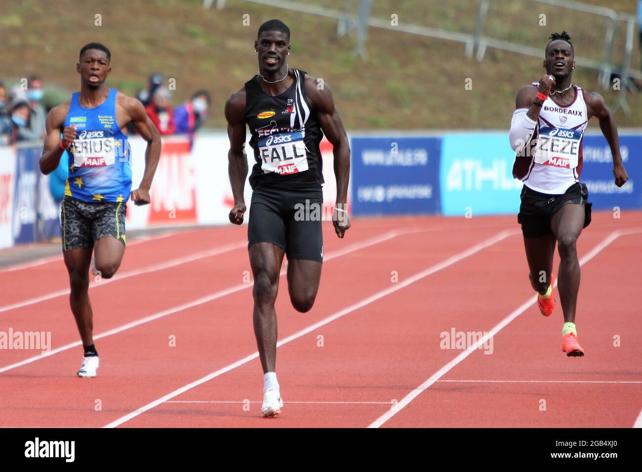 ERIUS Jeff , FALL Mouhamadou et ZEZE Ryan finale 200 m Mens lors des championnats d'athlétisme français 2021 le 25 juin 2021 au stade Josette et Roger Mikulak à Angers, France - photo Laurent Lairys / DPPI Banque D'Images