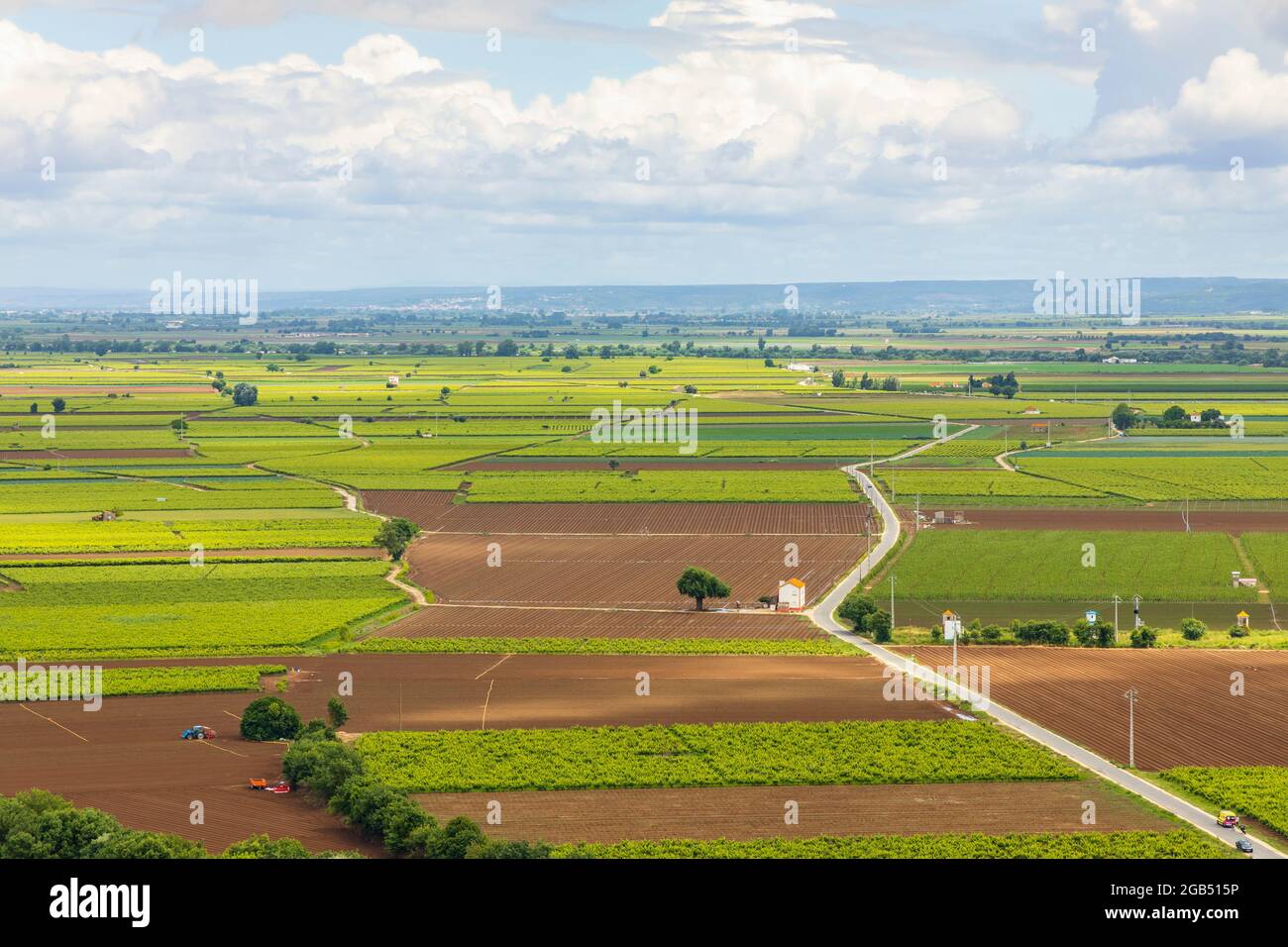Paysage agricole avec ciel spectaculaire, Santarem, Portugal Banque D'Images