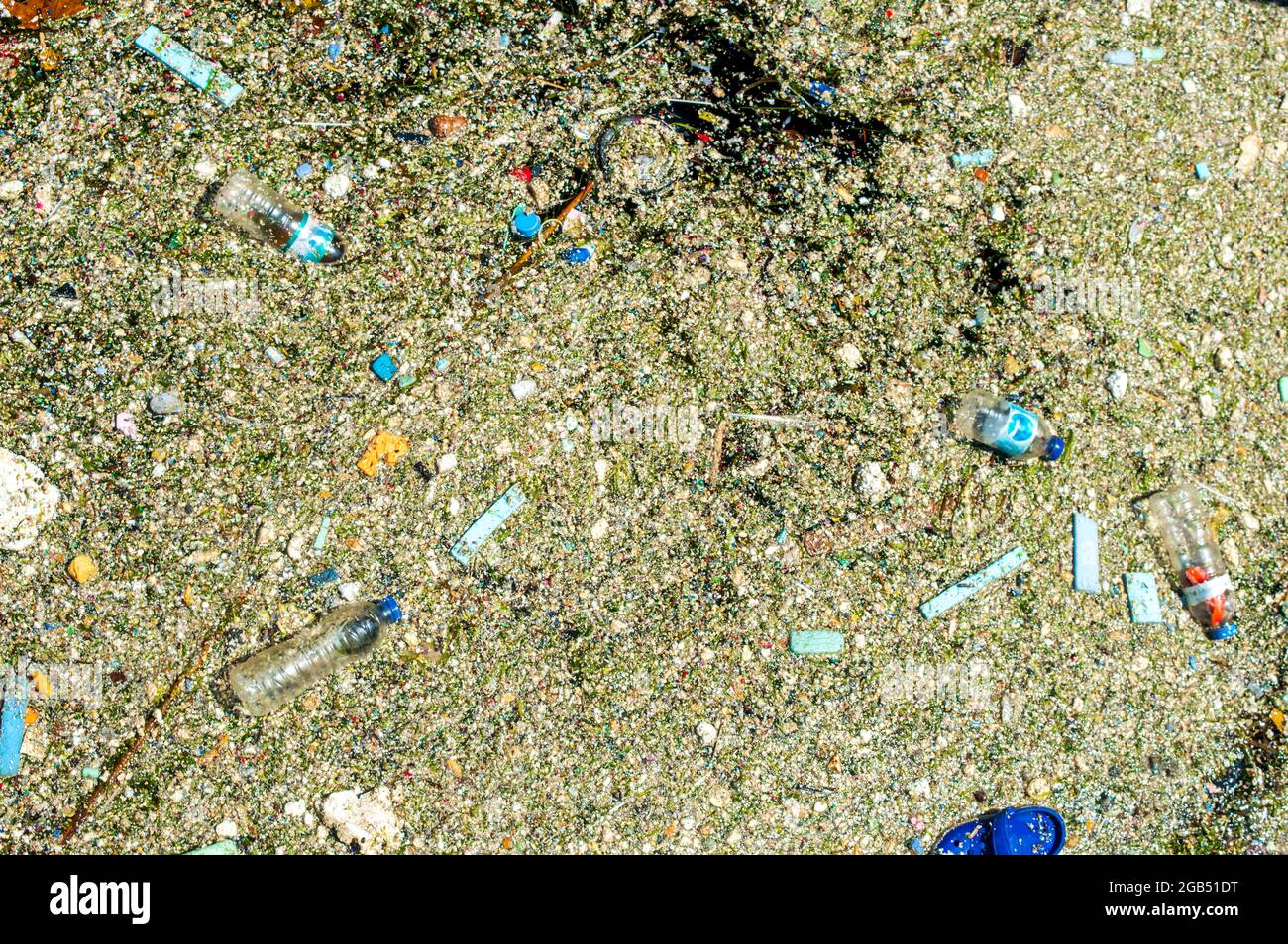 couche sale et litière en plastique qui a couvert la surface de la mer. Les  bouteilles en plastique flottent sur la surface de l'eau Photo Stock - Alamy