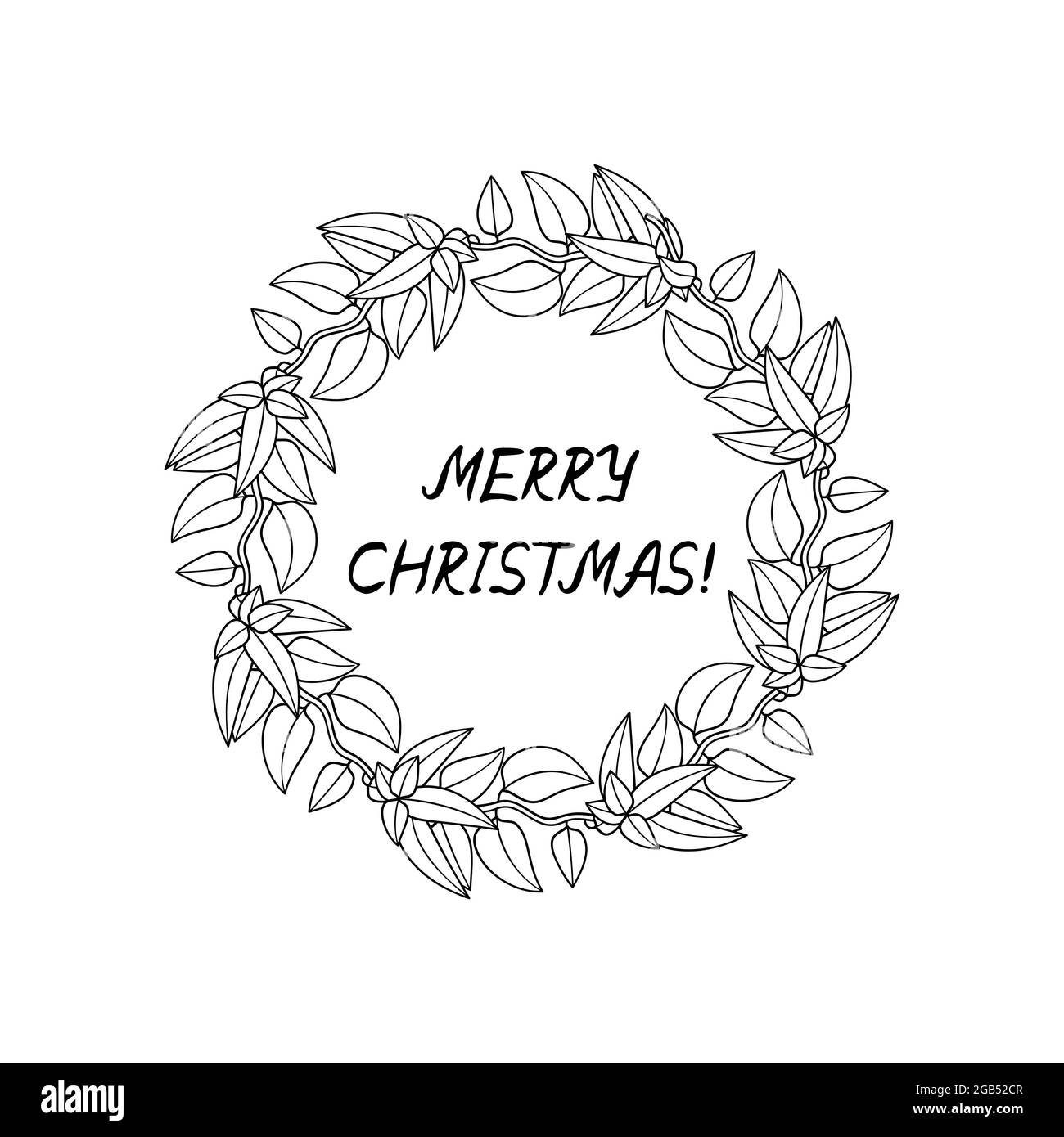 Line Art Christmas Winath Clipart, branches poinsettia avec fleurs rouges. Lettres manuscrites de joyeux Noël. Illustration de Vecteur