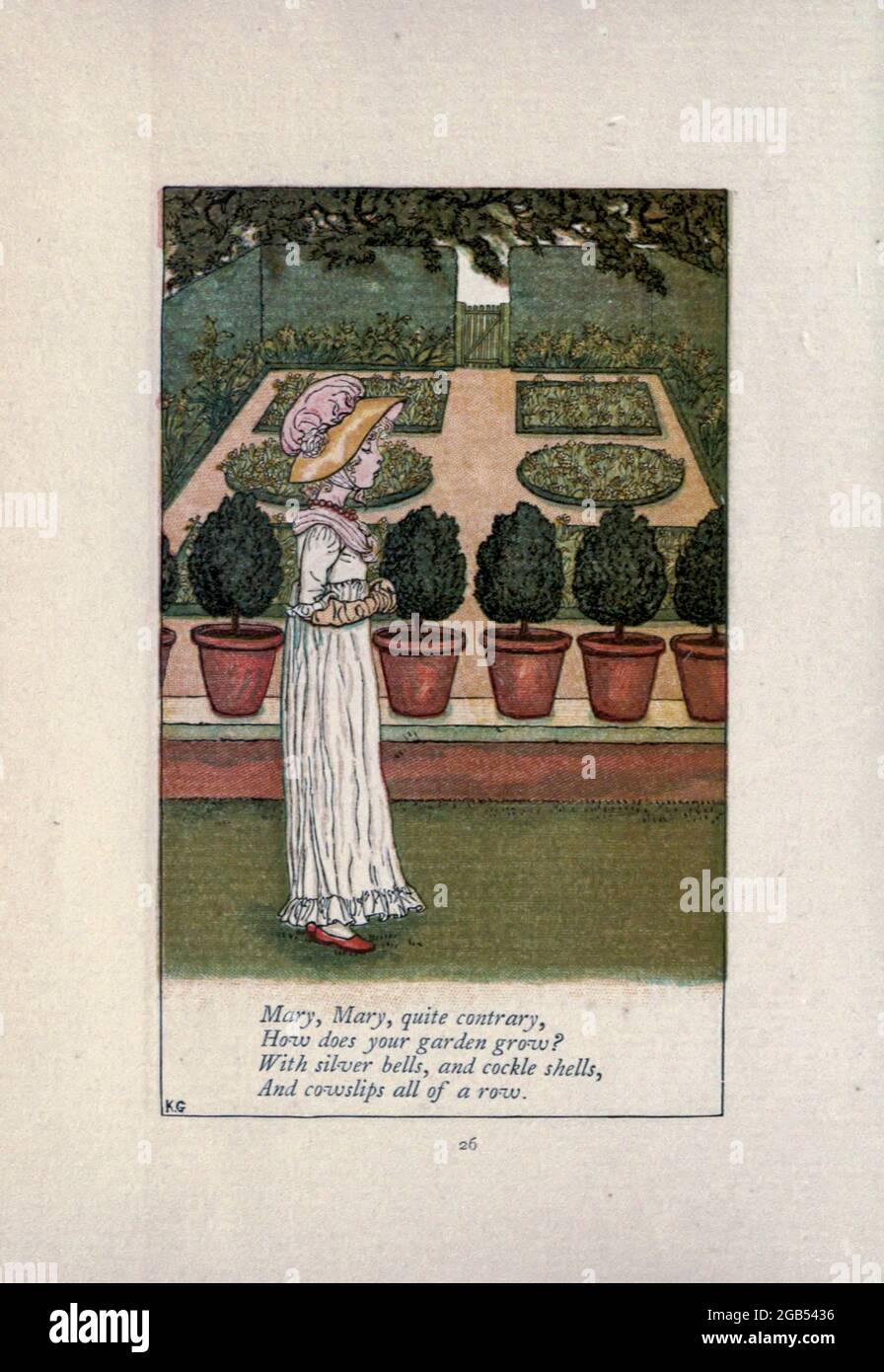 Marie, Marie, tout à fait contraire Comment votre jardin pousse-t-il? Avec des cloches argentées, des coques de coques, et des cowslides toute une rangée du livre Mother Goose : or, l'ancienne comptine rhymes de Kate Greenaway, gravée et imprimée par Edmund Evans publié en 1881 par George Routledge and Sons London Nad New York Banque D'Images