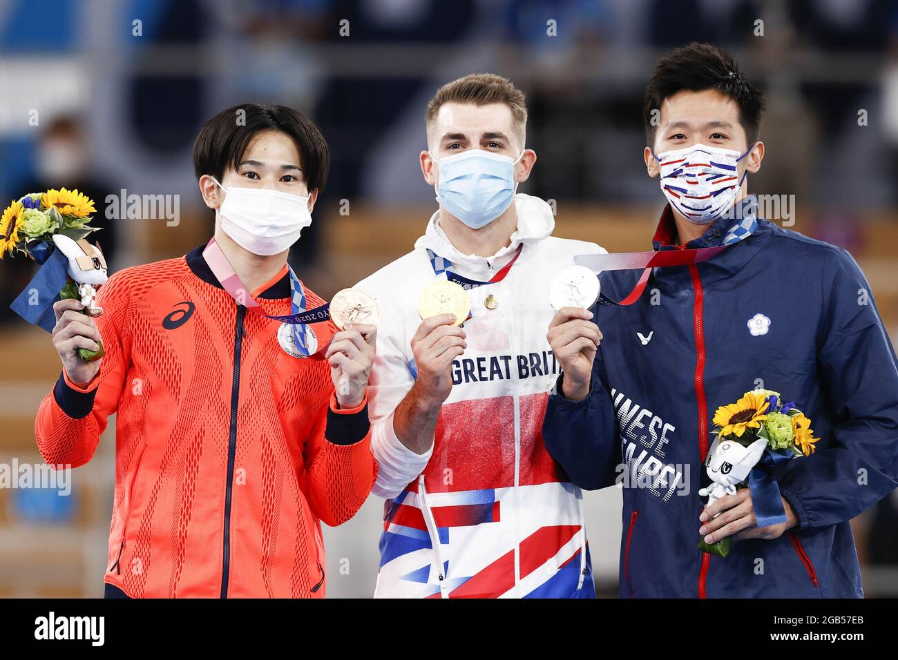 Kazuma KAYA (JPN) 3e Médaille de bronze, WHITLOCK Max (GBR) Médaille d'or, LEE Chih Kai (TPE) 2e Médaille d'argent pendant les Jeux Olympiques Tokyo 2020, gymnastique artistique appareil masculin Pommel cérémonie de Médaille du cheval le 1er août 2021 au Centre de gymnastique Ariake à Tokyo, Japon - photo Kanami Yoshimura / photo Kishimoto / DPPI Banque D'Images