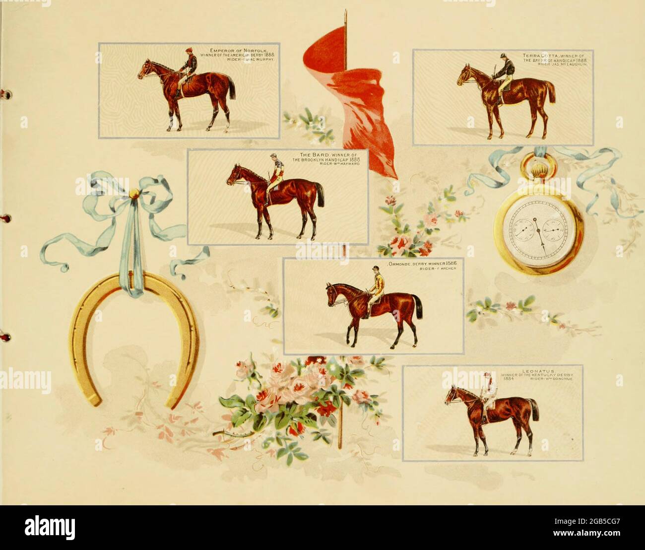 Cartes de courses hippiques de l'« Album des célèbres chevaux de course américains et anglais » de Kinney Bros publié dans New Your en 1888 par Kinney Brothers pour faire progresser les ventes de leurs marques de cigarettes. La Kinney Tobacco Company était une entreprise américaine de fabrication de cigarettes qui a créé la marque de cigarettes Sweet Cabucal et l'a promue avec des cartes de collection. Étant l'un des principaux fabricants de cigarettes des années 1870-1880, il a fusionné en 1890 pour devenir l'American Tobacco Company. Banque D'Images
