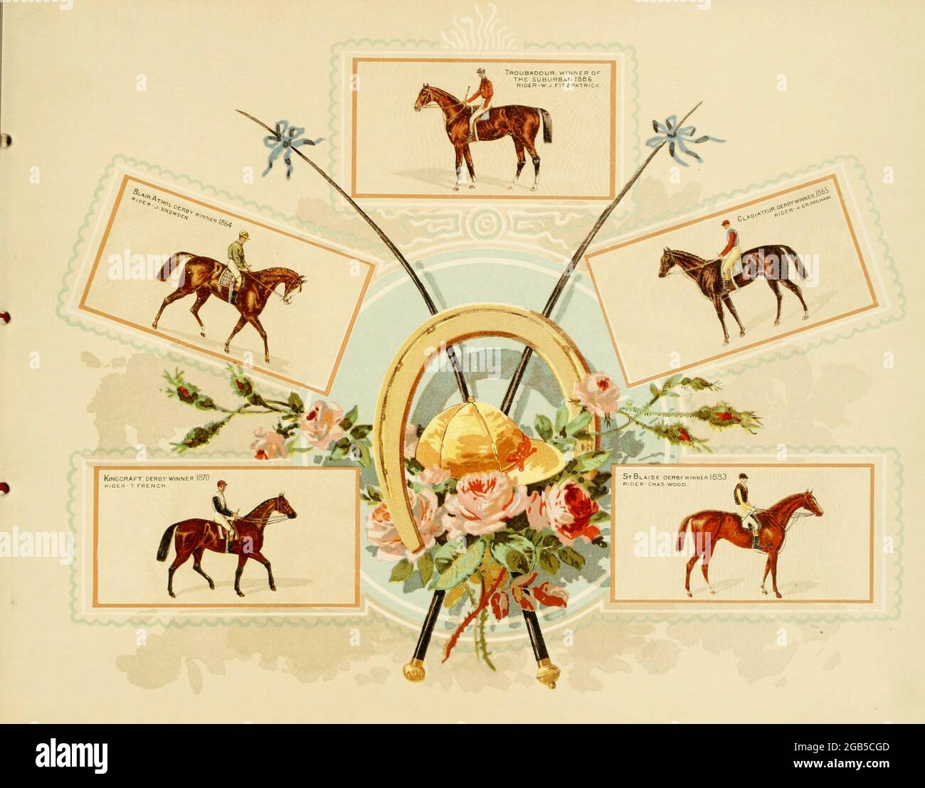 Cartes de courses hippiques de l'« Album des célèbres chevaux de course américains et anglais » de Kinney Bros publié dans New Your en 1888 par Kinney Brothers pour faire progresser les ventes de leurs marques de cigarettes. La Kinney Tobacco Company était une entreprise américaine de fabrication de cigarettes qui a créé la marque de cigarettes Sweet Cabucal et l'a promue avec des cartes de collection. Étant l'un des principaux fabricants de cigarettes des années 1870-1880, il a fusionné en 1890 pour devenir l'American Tobacco Company. Banque D'Images