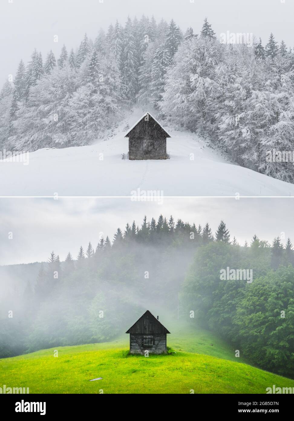 Collage de deux images d'une cabine en bois dans la forêt en différentes saisons - été et hiver. Paysage d'hiver fantastique avec maison en bois dans les montagnes enneigées. Ancienne cabane dans une forêt de foggy verdoyante Banque D'Images