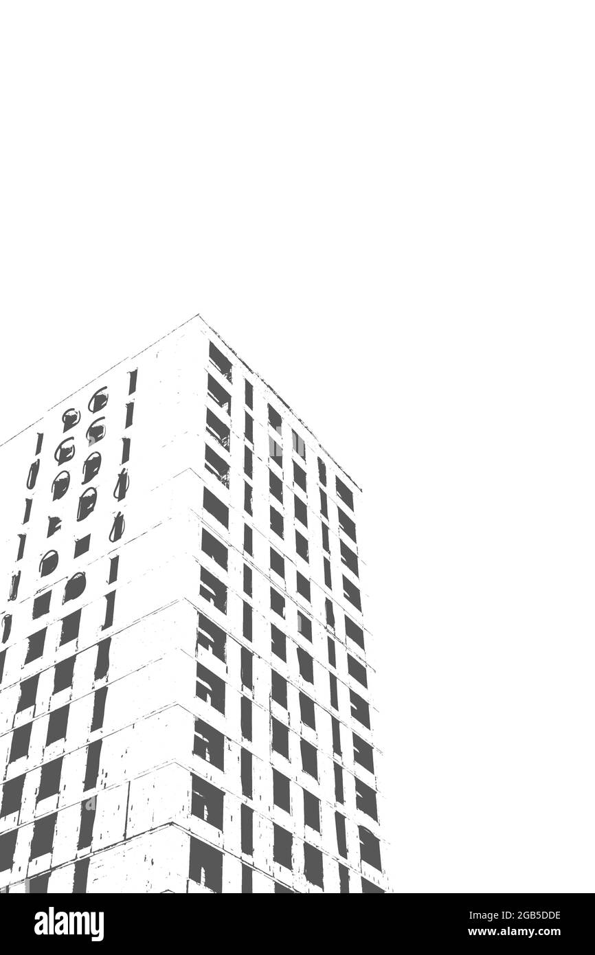 Impression en noir et blanc d'un immeuble résidentiel de plusieurs étages en construction et d'une grue de construction sur fond blanc Banque D'Images