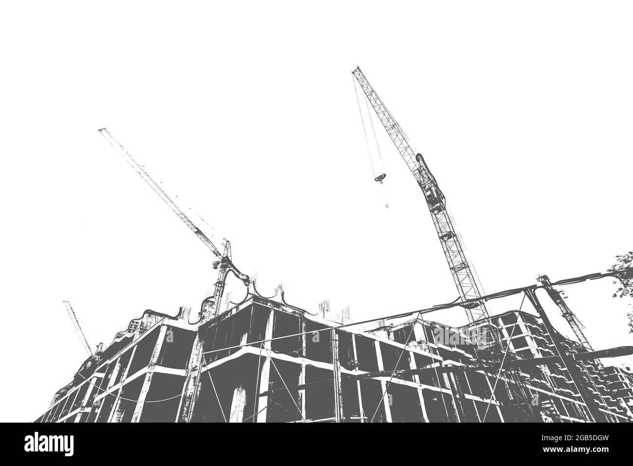 Impression en noir et blanc d'un immeuble résidentiel de plusieurs étages en construction et d'une grue de construction sur fond blanc Banque D'Images
