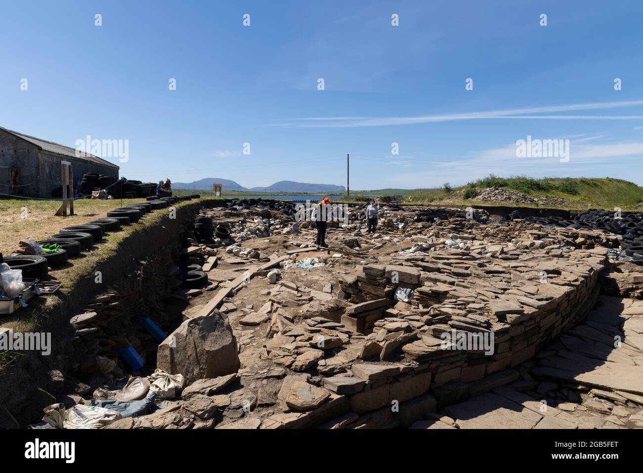 Fouilles archéologiques la Ness de Brodgar est un site archéologique couvrant 2.5 hectares entre l'anneau de Brodgar et les pierres de Stenness. Banque D'Images