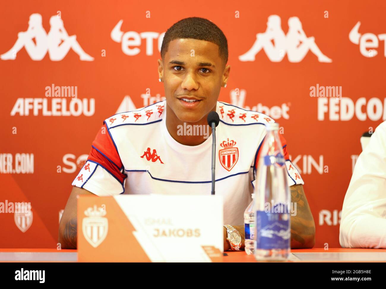 La Turbie, France - 02 août 2021: NOUVEAU joueur allemand de Monaco Ismail Jakobs pour la saison 2021-22, Conférence de presse et session de formation. Credit: dpa/Alay Live News Banque D'Images