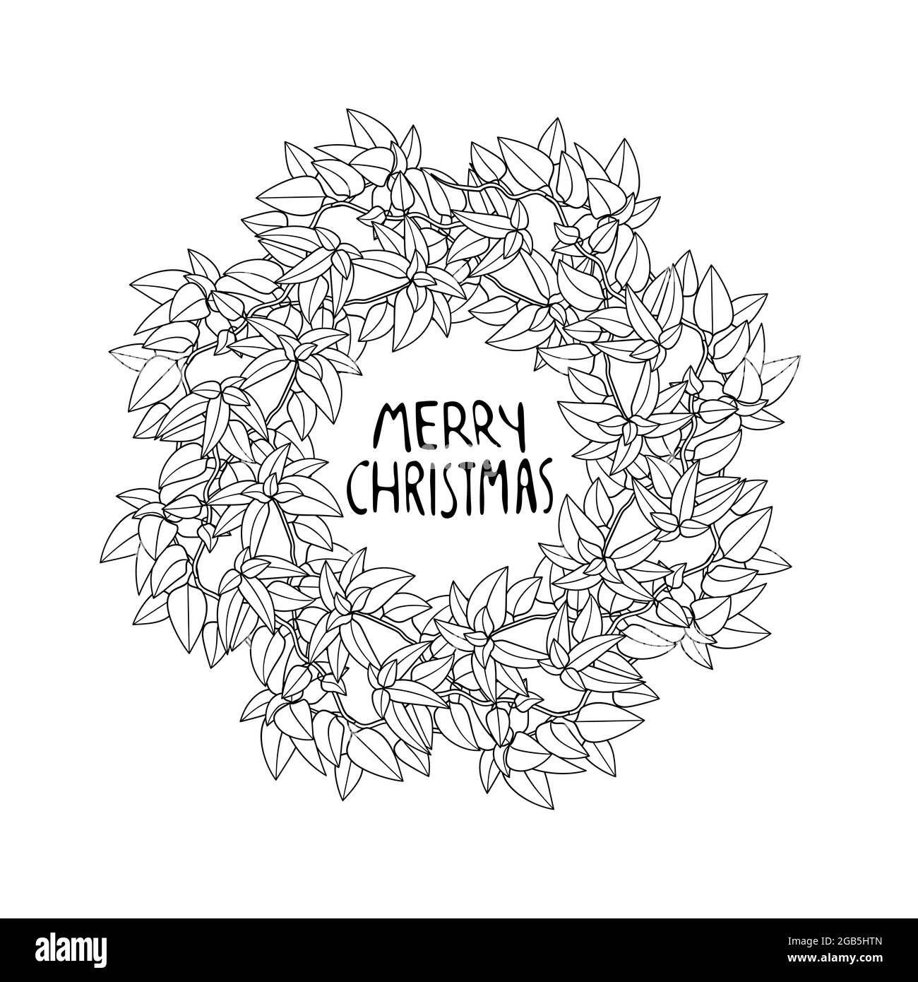 Line Art Christmas Winath Clipart, branches poinsettia avec fleurs rouges. Lettres manuscrites de joyeux Noël. Illustration de Vecteur