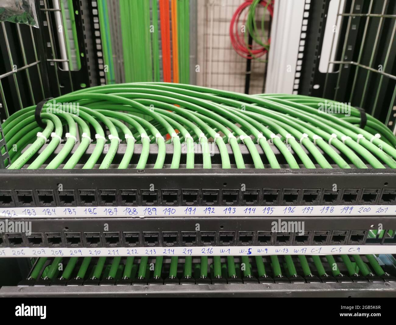 Câblage vert et prises de connexion d'une installation de câble Internet Banque D'Images