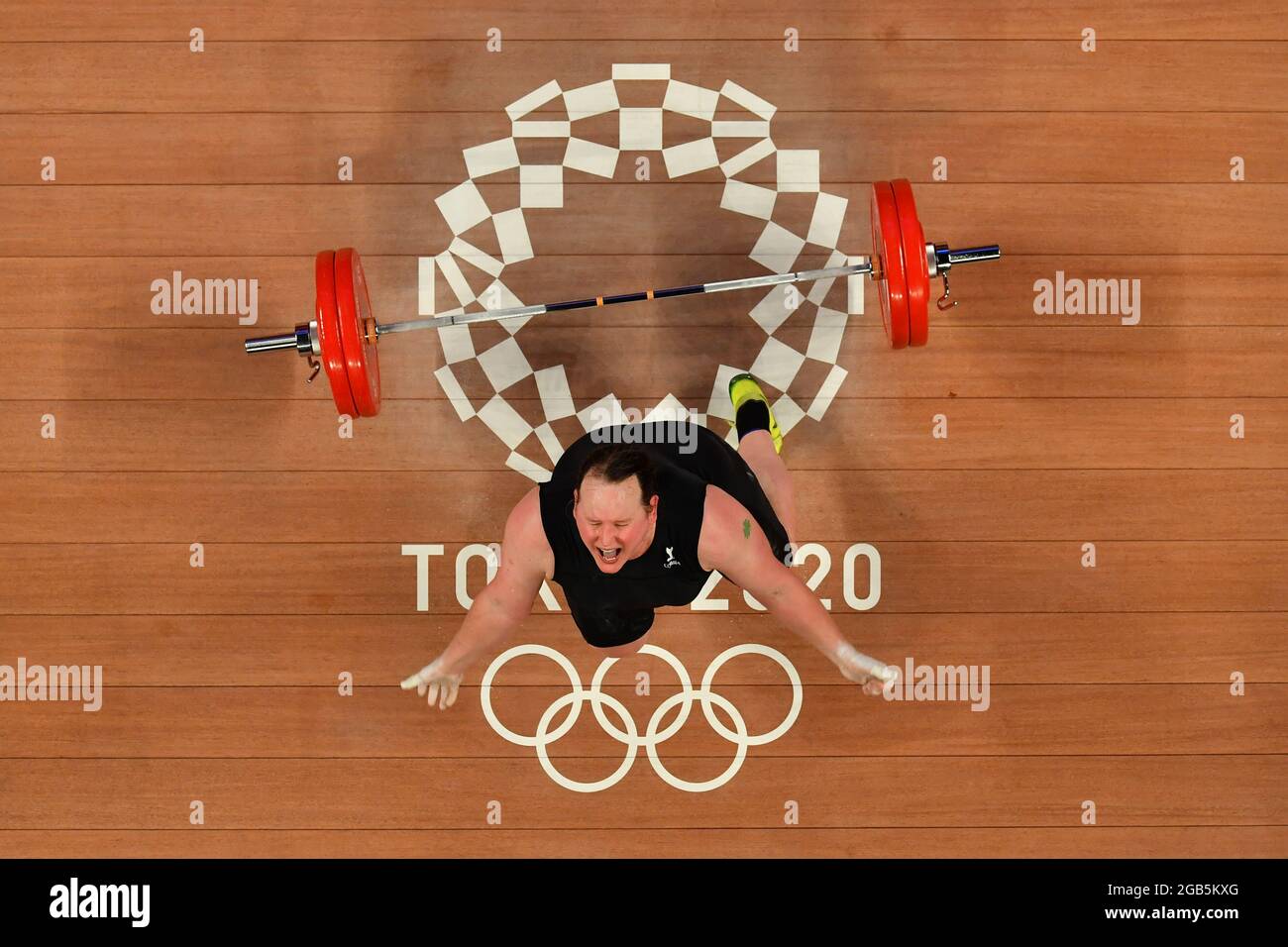 Tokyo, Japon. 2 août 2021. Laurel Hubbard, de Nouvelle-Zélande, réagit lors de la finale de 87 kg des femmes en haltérophilie aux Jeux Olympiques de Tokyo en 2020 à Tokyo, au Japon, le 2 août 2021. Credit: Xu Zijian/Xinhua/Alamy Live News Banque D'Images