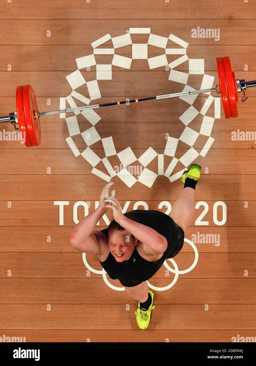 Tokyo, Japon. 2 août 2021. Laurel Hubbard, de Nouvelle-Zélande, réagit lors de la finale de 87 kg des femmes en haltérophilie aux Jeux Olympiques de Tokyo en 2020 à Tokyo, au Japon, le 2 août 2021. Credit: Xu Zijian/Xinhua/Alamy Live News Banque D'Images