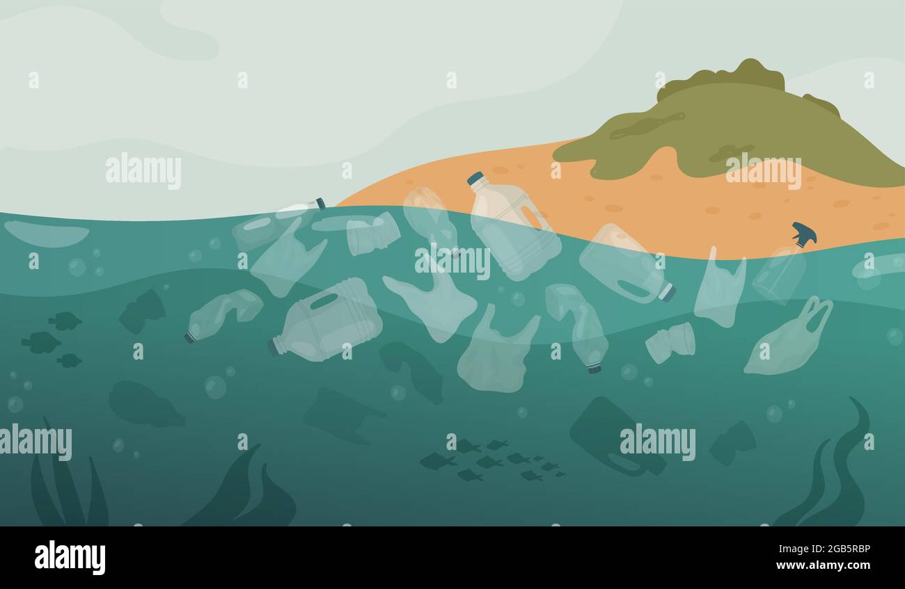 Pollution des déchets plastiques, déchets dans l'eau de mer illustration vectorielle de l'océan. Cartoon paysage insulaire pollué avec des sacs et des bouteilles de plastique de déchets flottants, sale sous-marin de la vie de fond Illustration de Vecteur