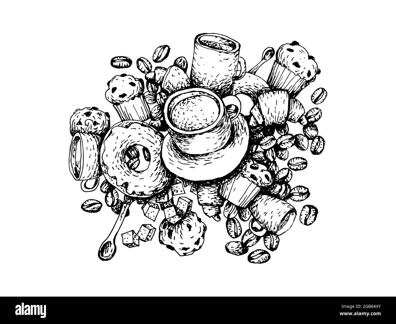 Ensemble de café dessiné à la main. Esquisse art pâtisserie douce petit déjeuner chaud frais. Illustration vectorielle de l'application de menu du café au grain de café biologique. Illustration de Vecteur